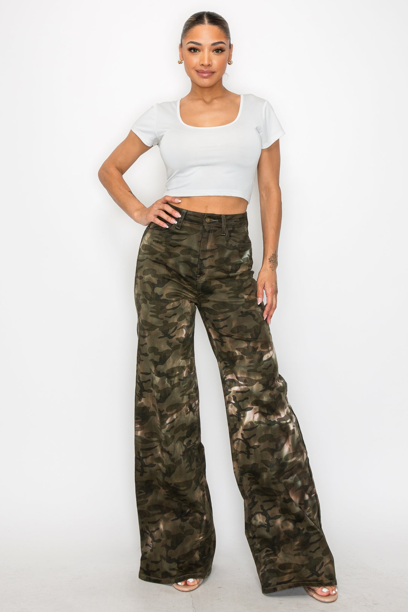 40805 High Rise Wide Leg Camo Print Jeans