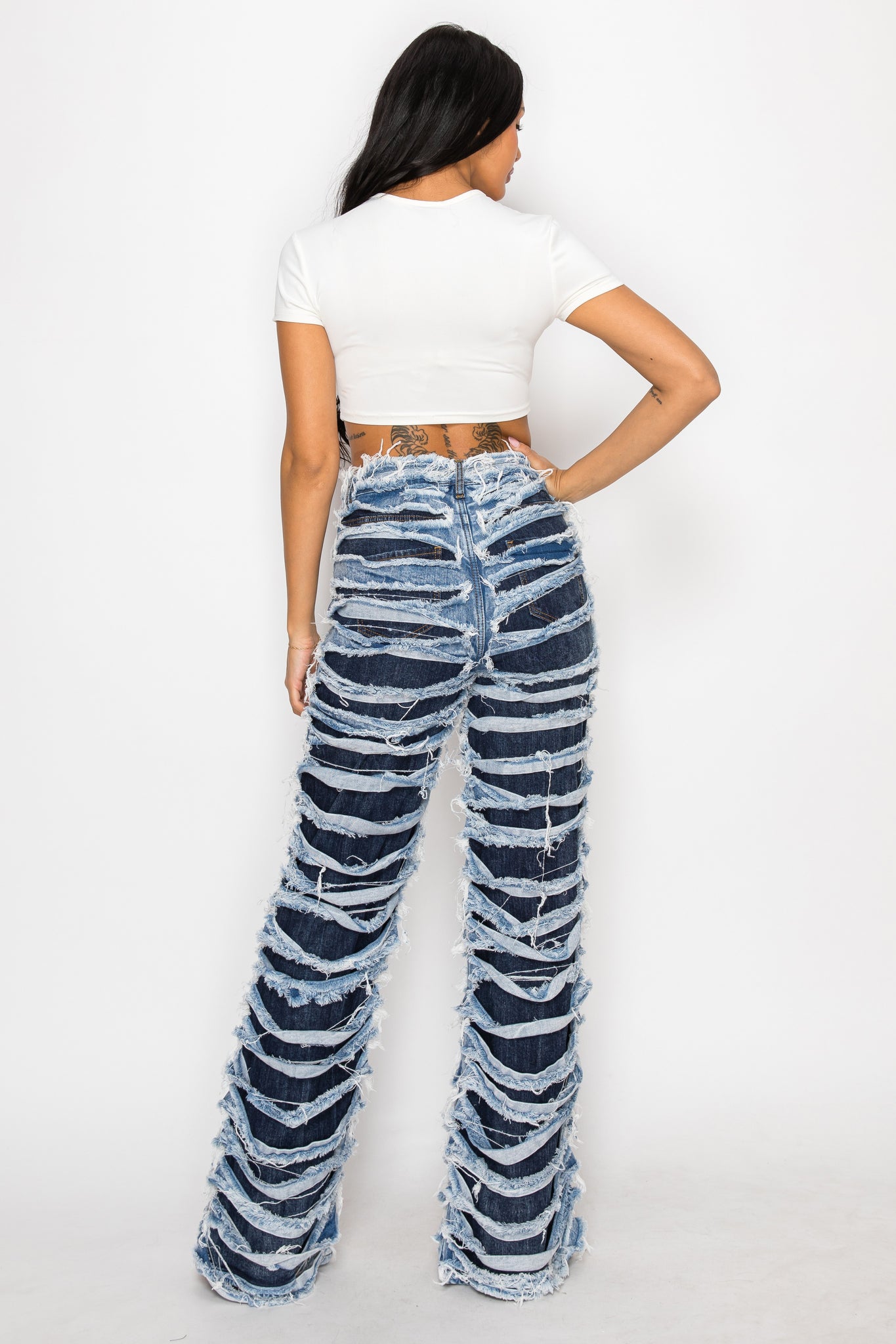 40810 High Rise Contrasting Layers W/ Outer Layer Fray Straight Leg Jeans
