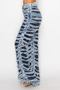 40810 High Rise Contrasting Layers W/ Outer Layer Fray Straight Leg Jeans