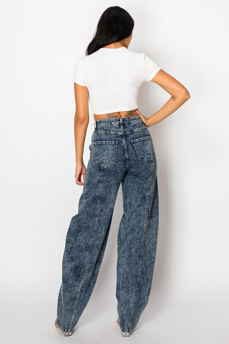 40812 Mid Rise Acid Washed Barrel Shaped Jeans W/ Front & Rear Seams ...