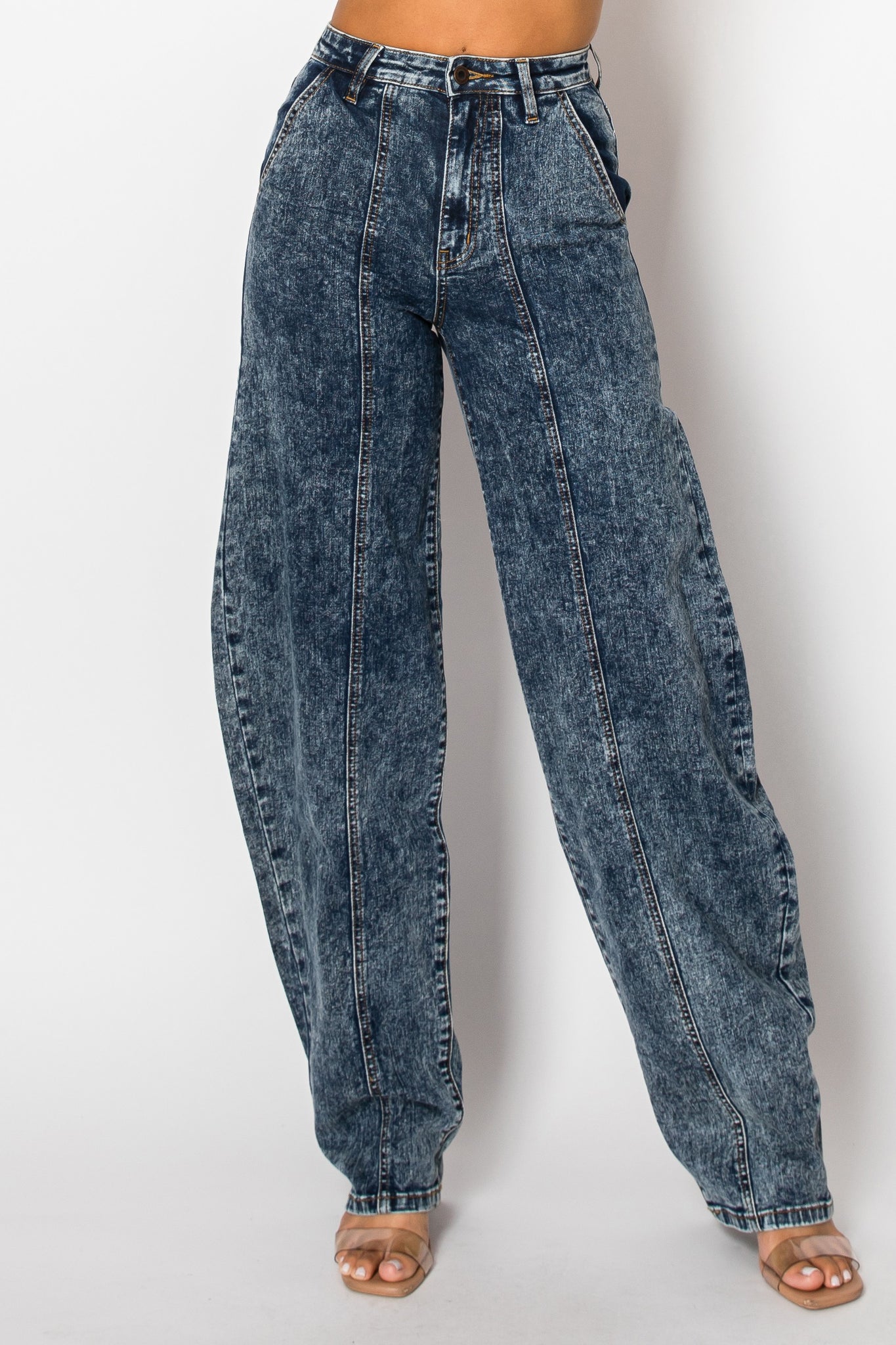 40812 Mid Rise Acid Washed Barrel Shaped Jeans W/ Front & Rear Seams