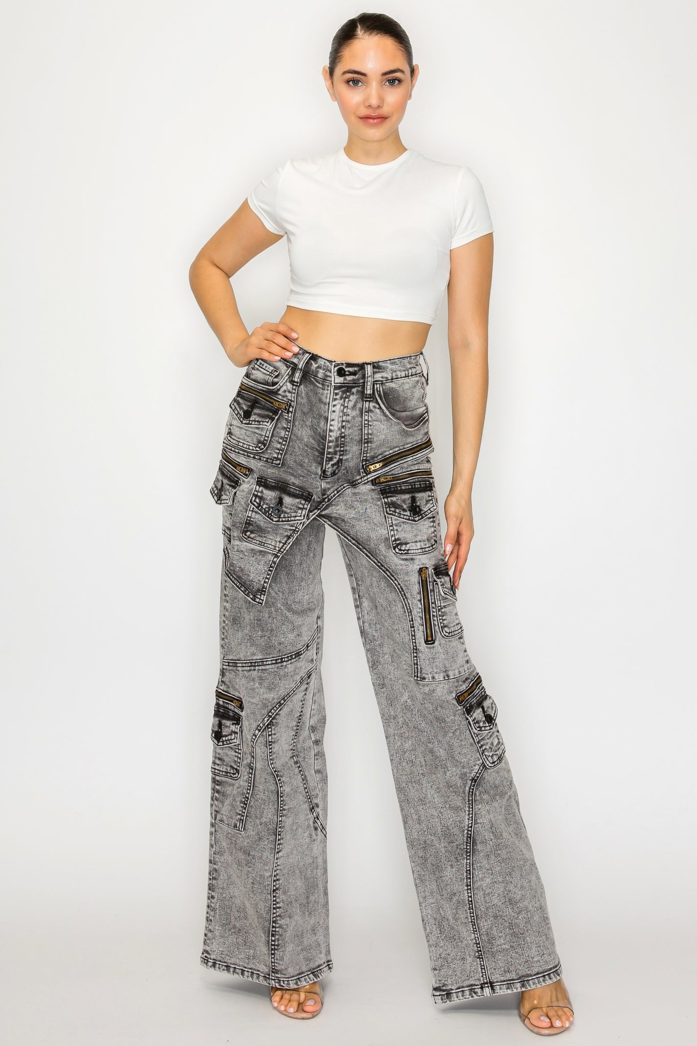 42001 Washed Down Wide Leg Multi-Panel and Pocket Cargo Jeans