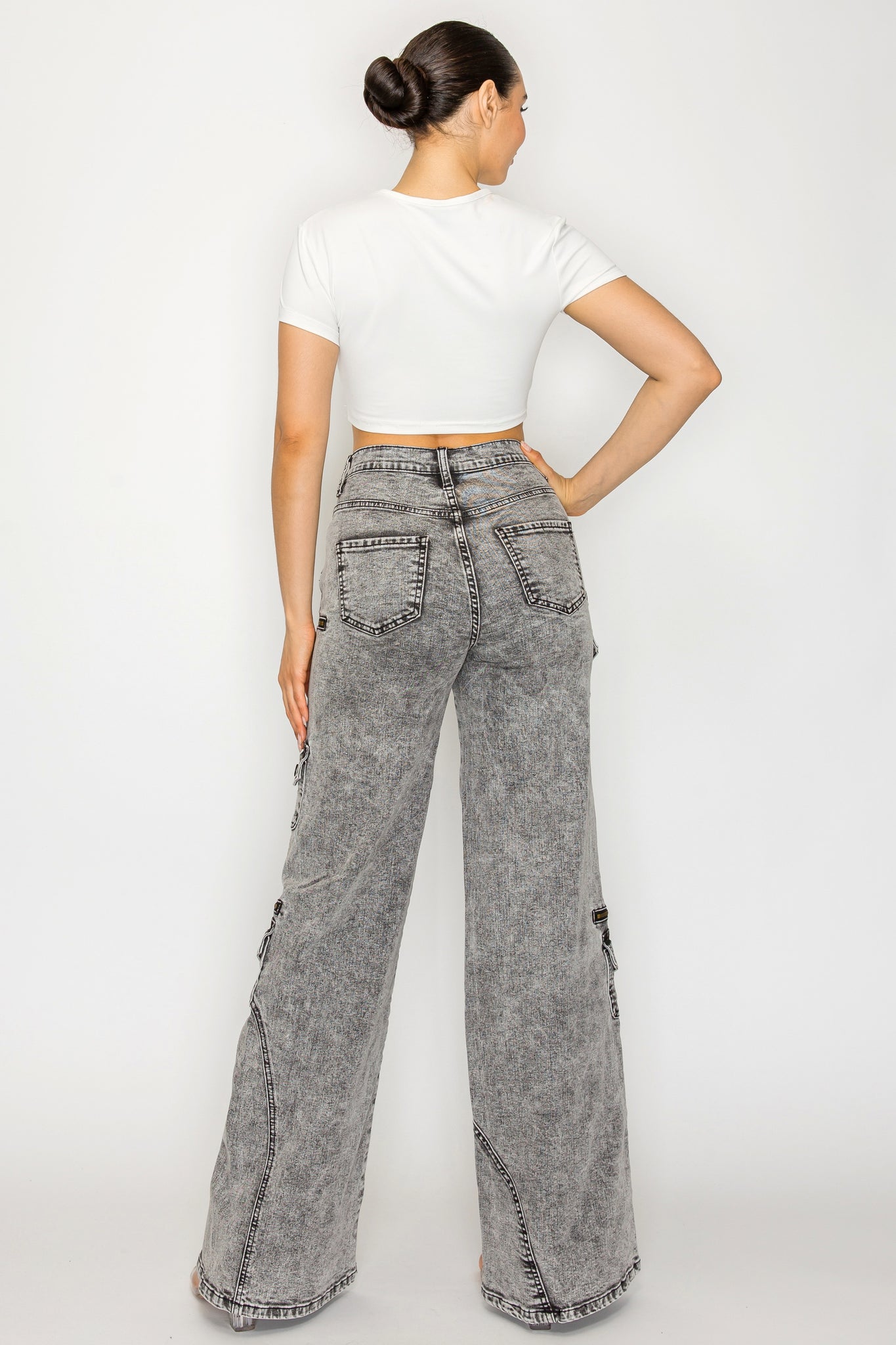 42001 Washed Down Wide Leg Multi-Panel and Pocket Cargo Jeans