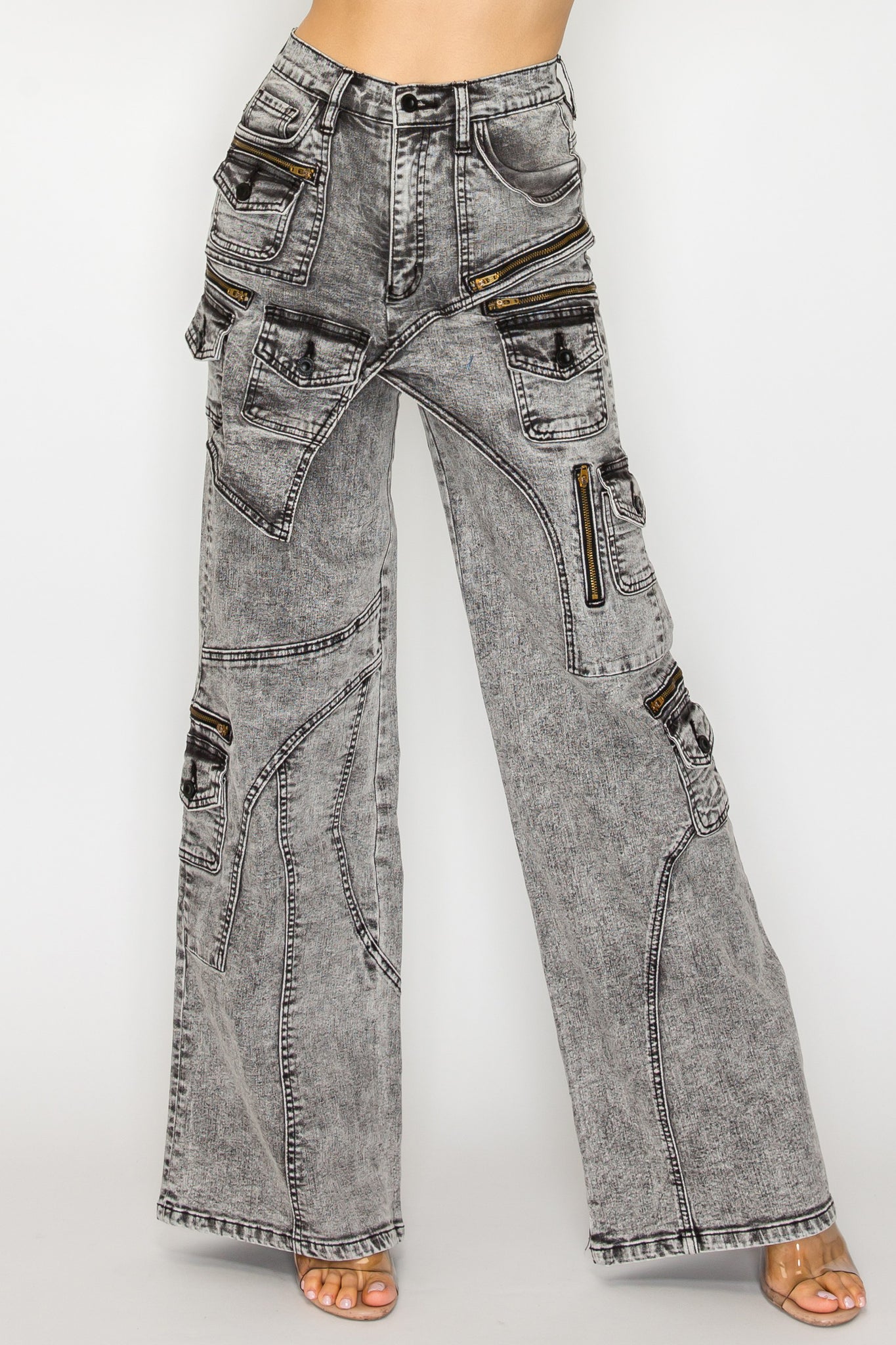 42001 Washed Down Wide Leg Multi-Panel and Pocket Cargo Jeans