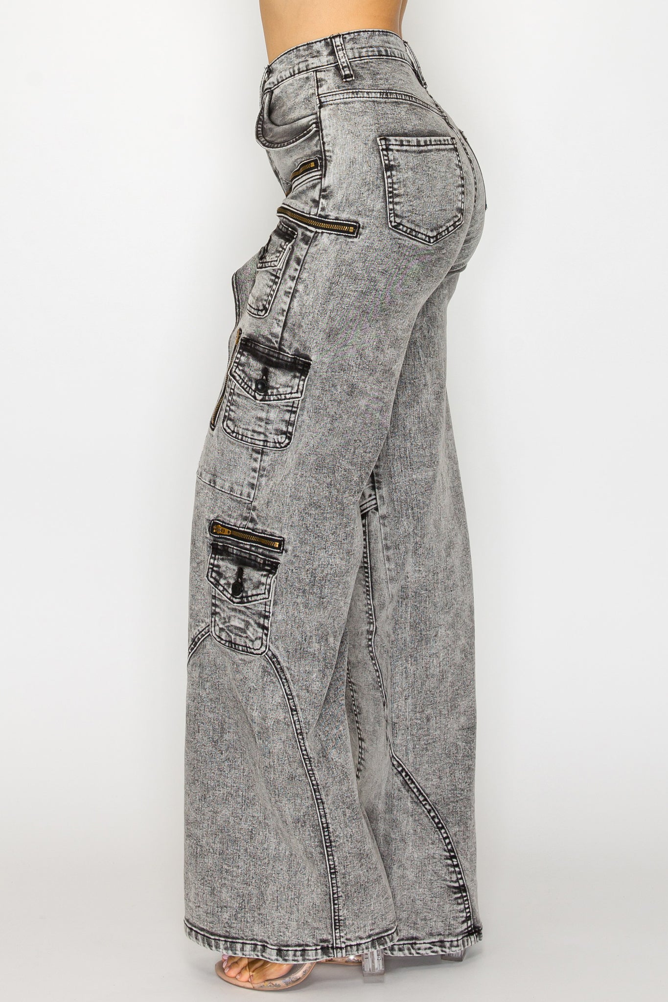 42001 Washed Down Wide Leg Multi-Panel and Pocket Cargo Jeans