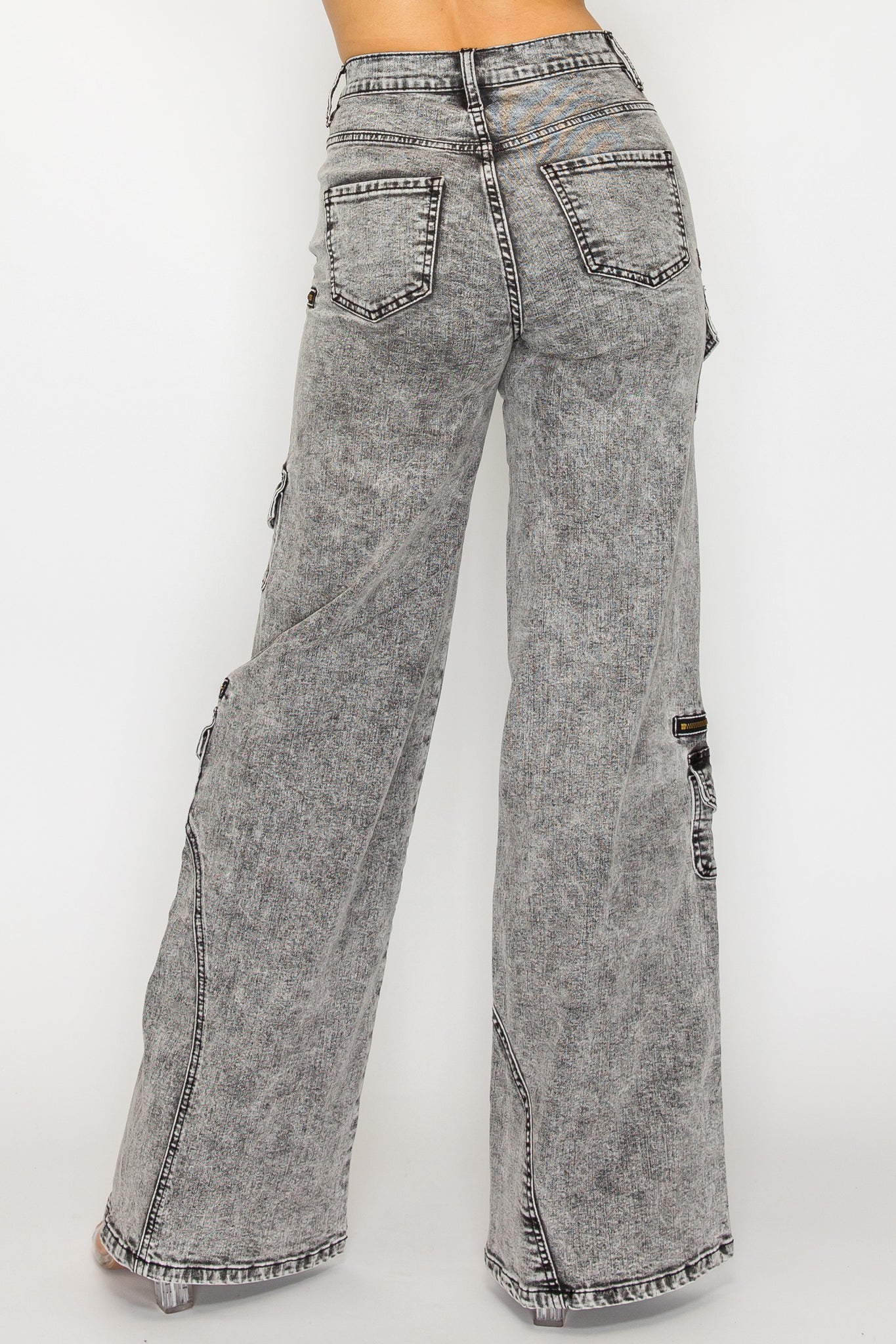 42001 Washed Down Wide Leg Multi-Panel and Pocket Cargo Jeans