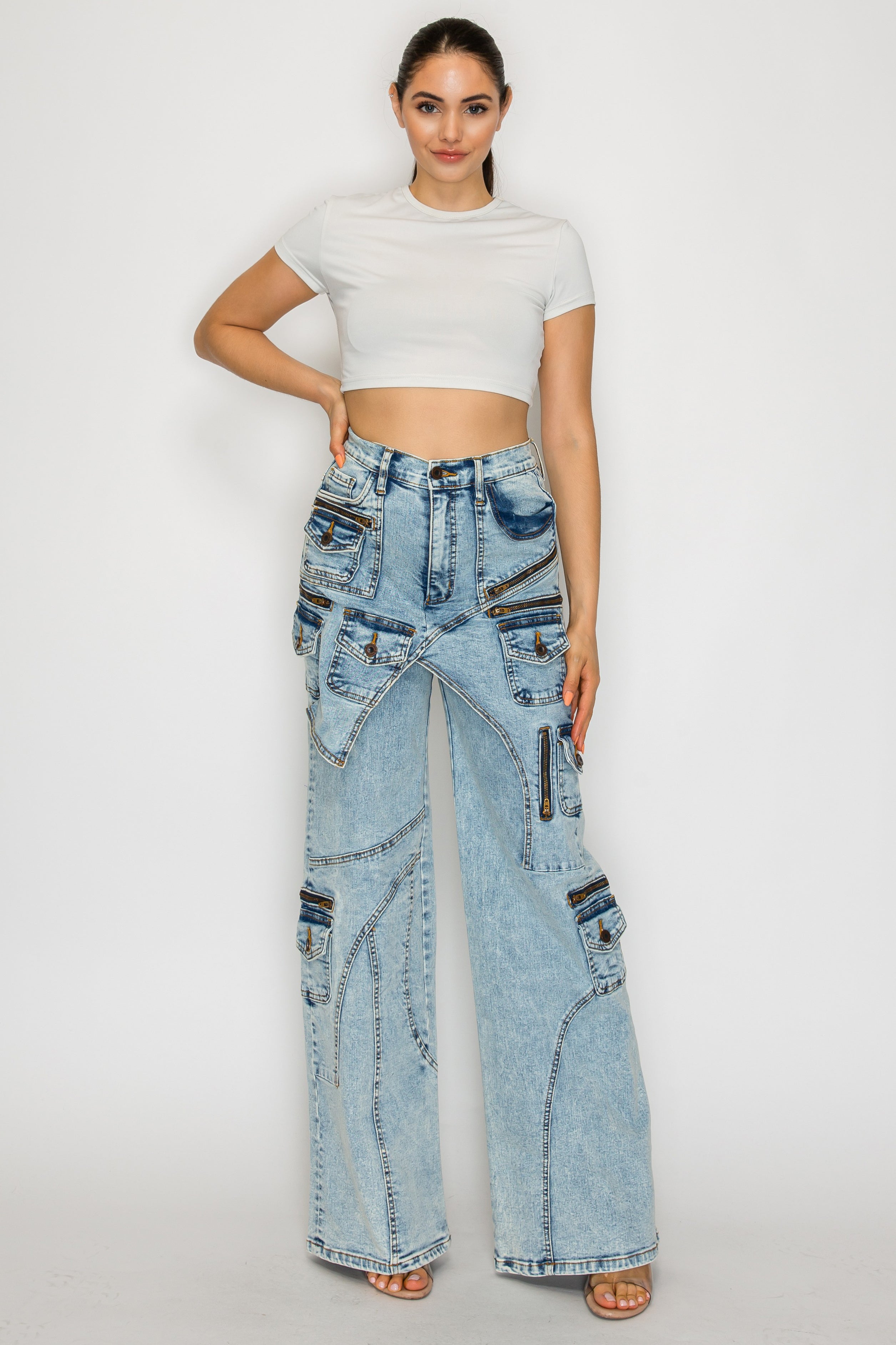 42001 Washed Down Wide Leg Multi-Panel and Pocket Cargo Jeans