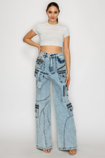 42001 Washed Down Wide Leg Multi-Panel and Pocket Cargo Jeans