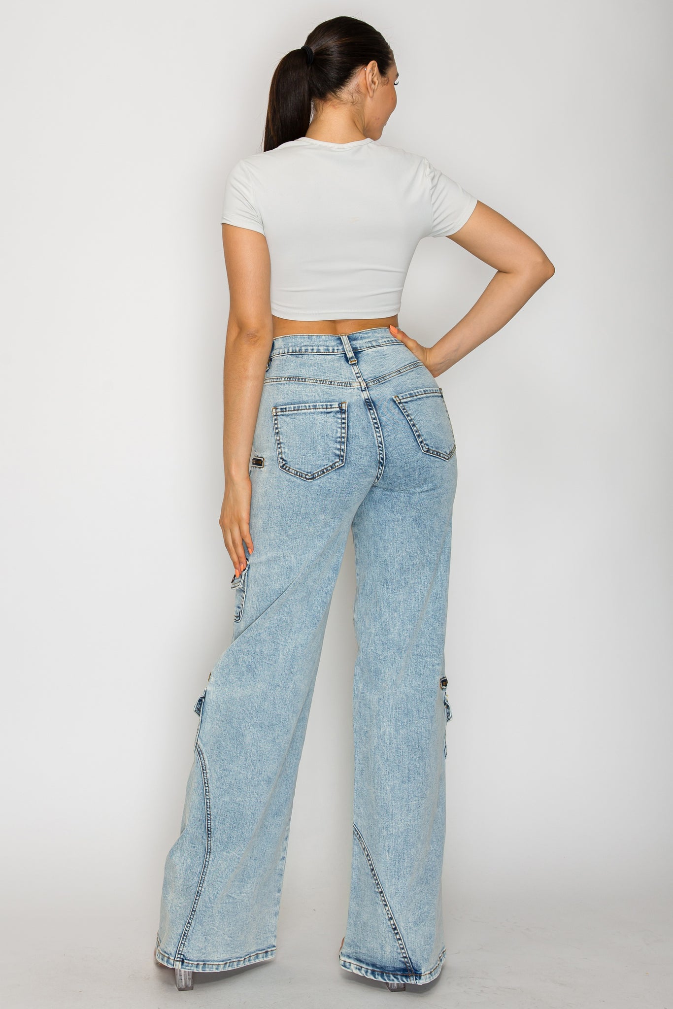 42001 Washed Down Wide Leg Multi-Panel and Pocket Cargo Jeans