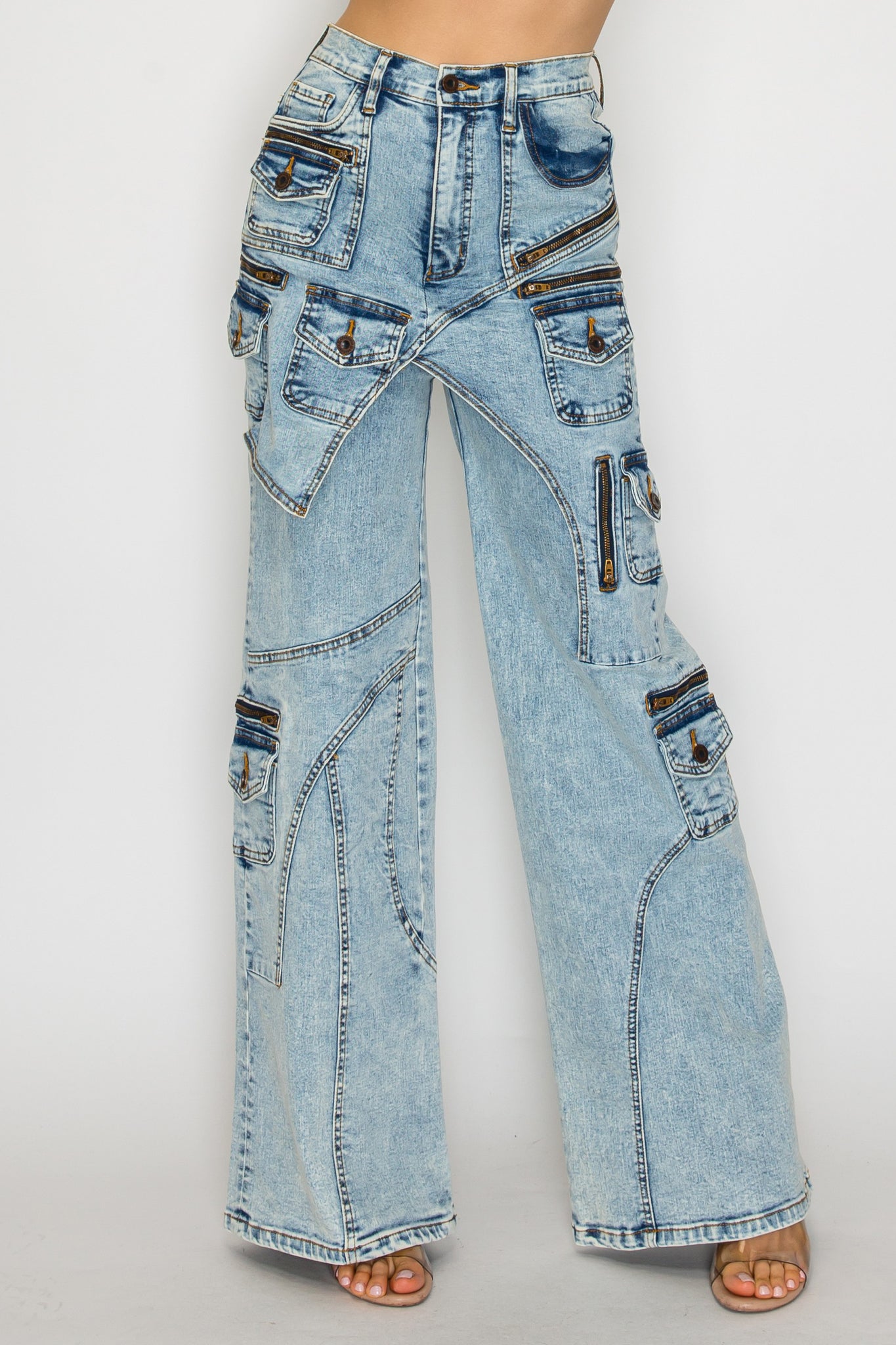 42001 Washed Down Wide Leg Multi-Panel and Pocket Cargo Jeans