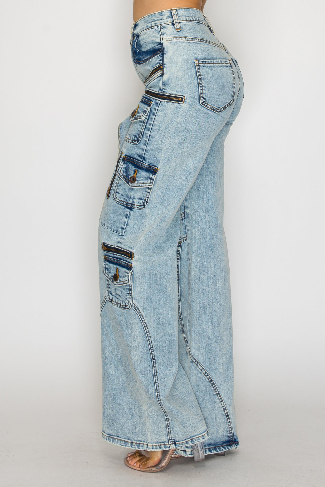42001 Washed Down Wide Leg Multi-Panel and Pocket Cargo Jeans