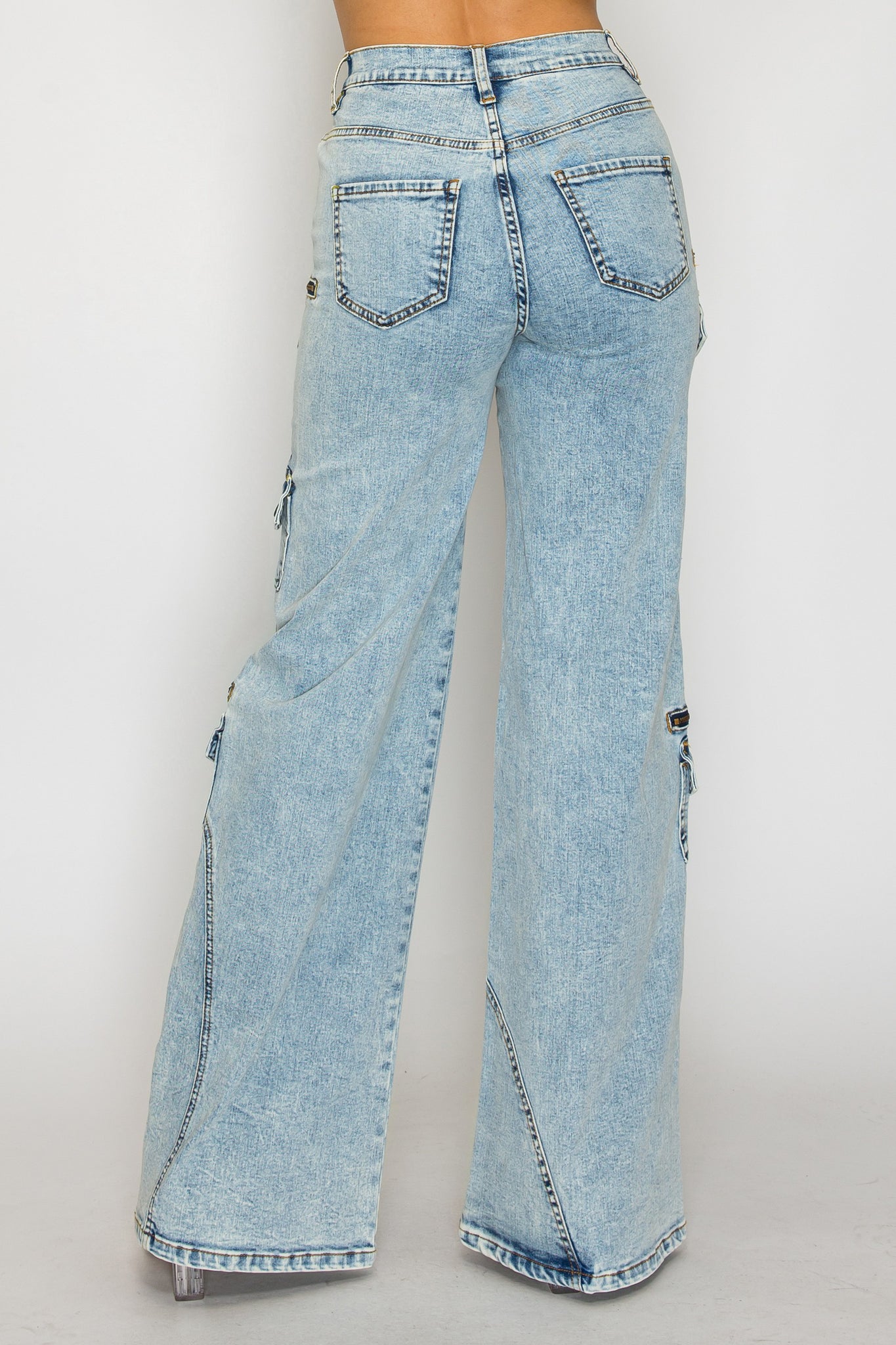 42001 Washed Down Wide Leg Multi-Panel and Pocket Cargo Jeans