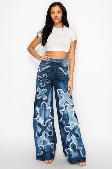 42013 High Rise Wide Leg Cross Patch Washed Down Jeans