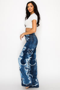 42013 High Rise Wide Leg Cross Patch Washed Down Jeans