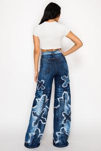 42013 High Rise Wide Leg Cross Patch Washed Down Jeans