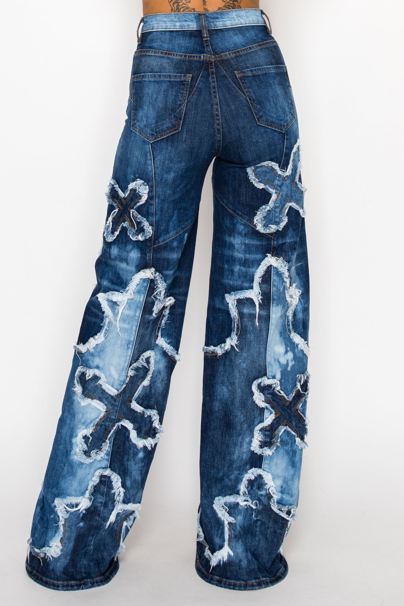 42013 High Rise Wide Leg Cross Patch Washed Down Jeans