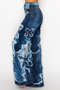 42013 High Rise Wide Leg Cross Patch Washed Down Jeans