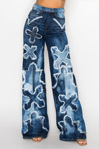 42013 High Rise Wide Leg Cross Patch Washed Down Jeans