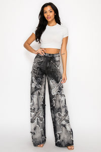 42013 High Rise Wide Leg Cross Patch Washed Down Jeans