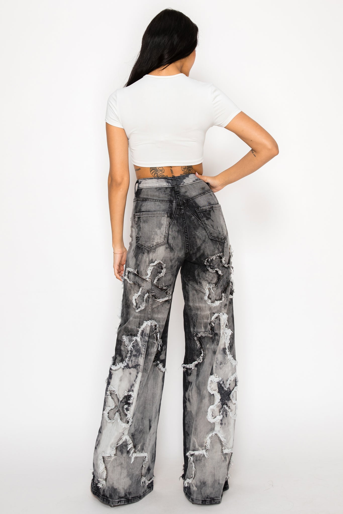 42013 High Rise Wide Leg Cross Patch Washed Down Jeans