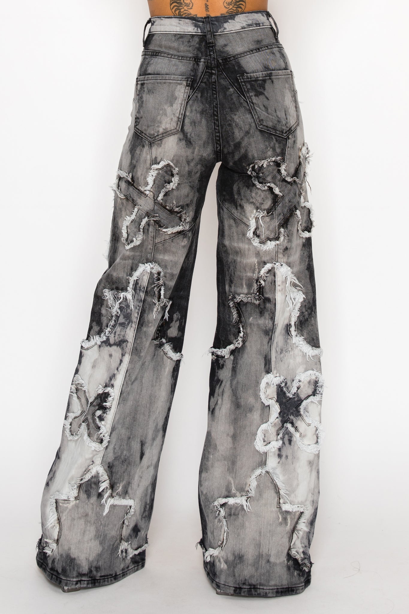 42013 High Rise Wide Leg Cross Patch Washed Down Jeans