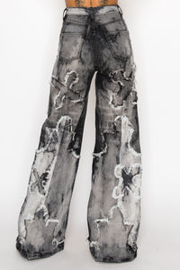 42013 High Rise Wide Leg Cross Patch Washed Down Jeans