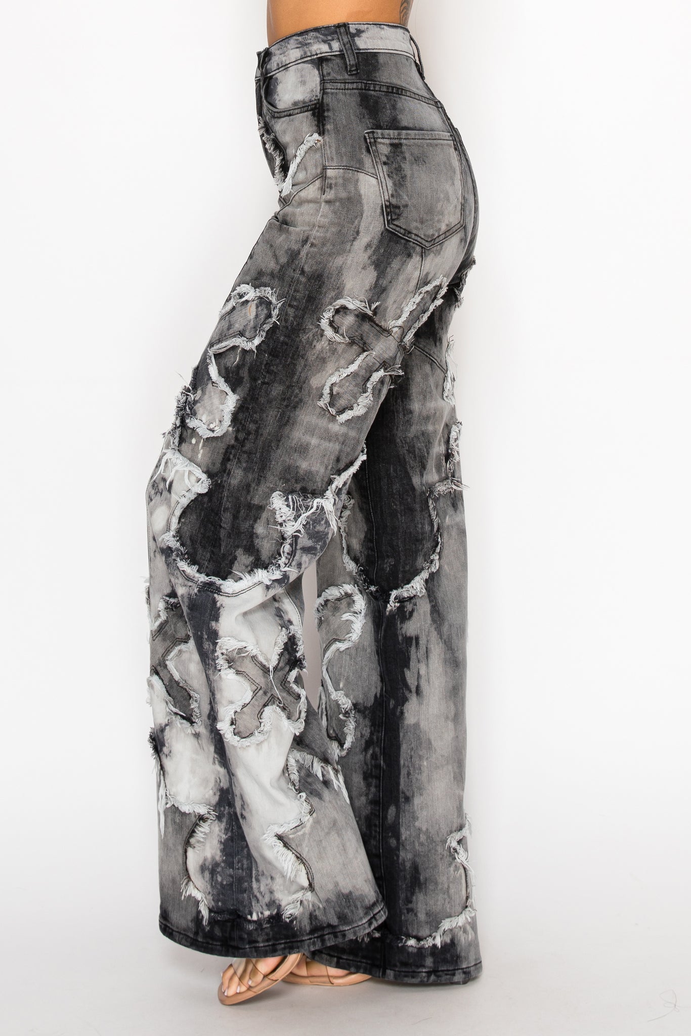 42013 High Rise Wide Leg Cross Patch Washed Down Jeans