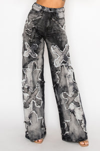 42013 High Rise Wide Leg Cross Patch Washed Down Jeans