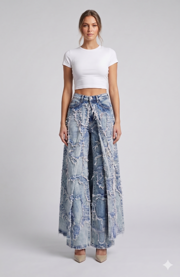 AP43000 Frayed Patchwork Jeans W/ Long Frayed Patchwork Over-Skirt