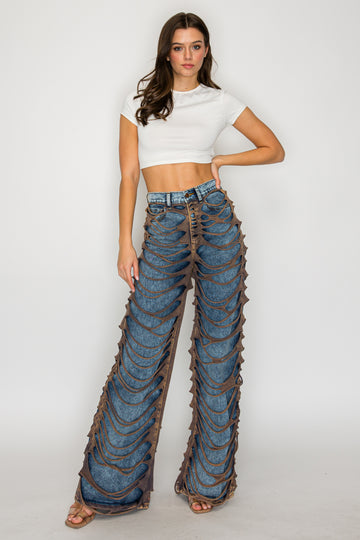 AP43005 High Rise Wide Leg Jeans W/ Outer Layer Webbing
