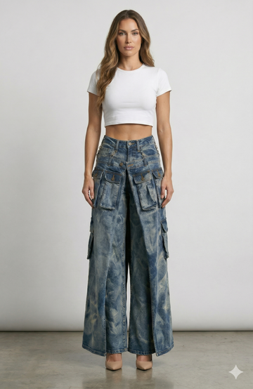 AP43006 High Rise Jeans W/ Low Waist Outer Layer Fly Away Cargo Skirt
