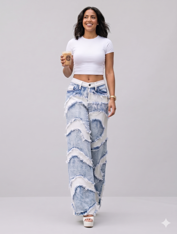 AP43012 Wide Leg Frayed Alternating Color Panel Jeans