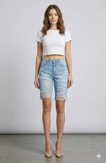AP7207 Frayed Washed Down Boyfriend Shorts W/ Destruction