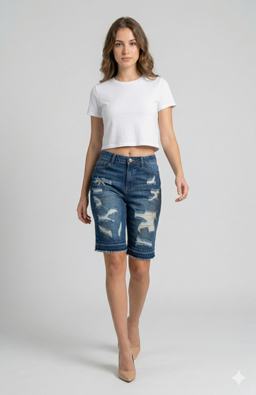 AP7209 Open Hem Leg Opening Boyfriend Bermuda Shorts W/ Thigh Destruction