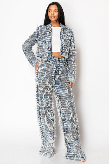 8116 Contrasting Dual Layer Shaggy Denim Jacket