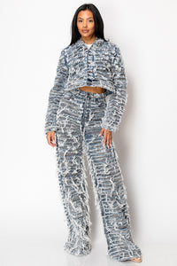 8116 Contrasting Dual Layer Shaggy Denim Jacket