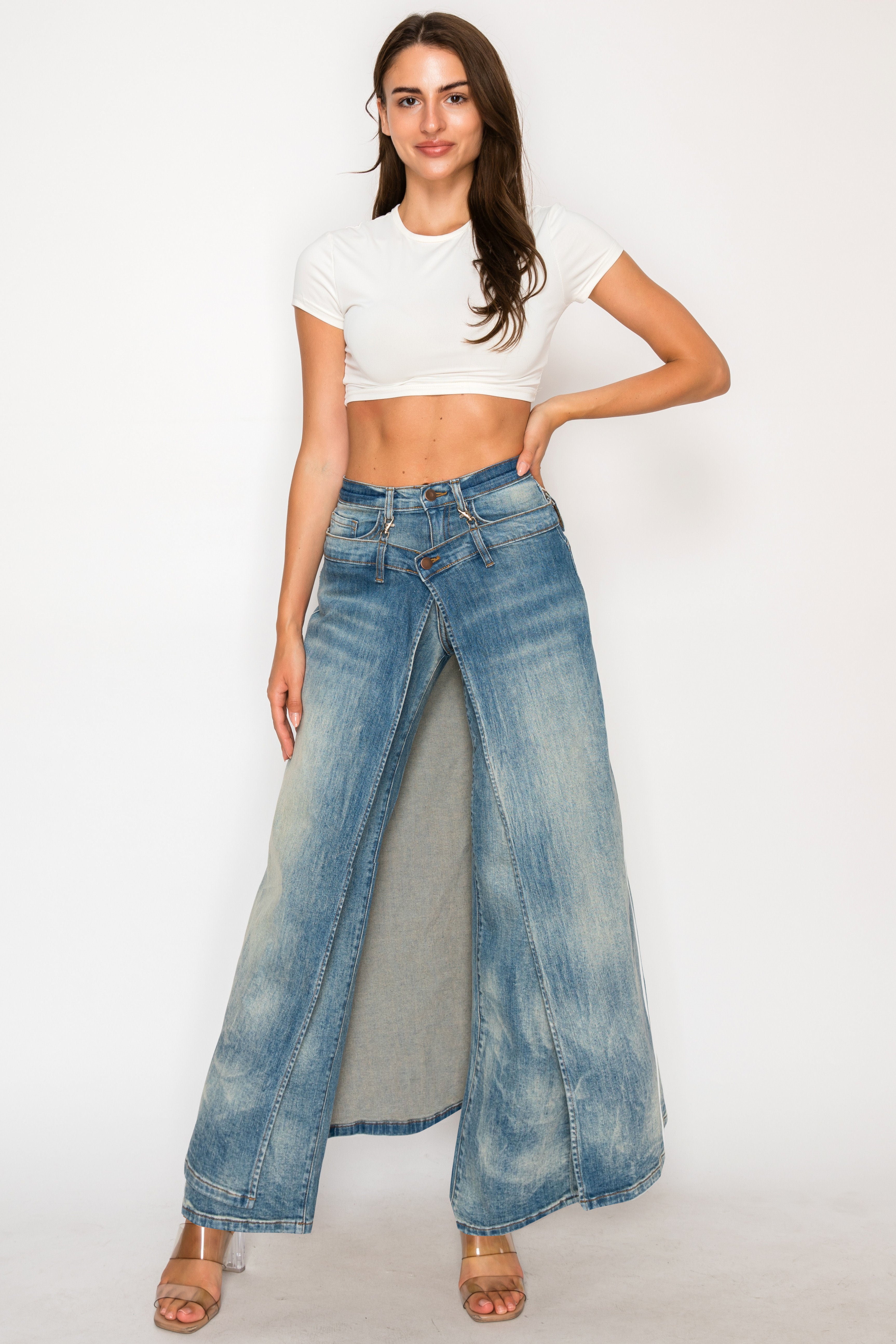 40783 High Rise Straight Leg Vintage Washed Jeans W/ Outer Long Skirt