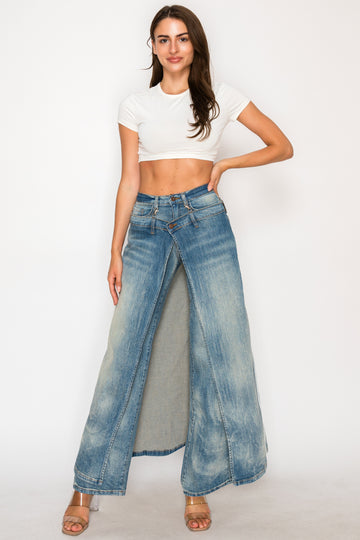 40783 High Rise Straight Leg Vintage Washed Jeans W/ Outer Long Skirt