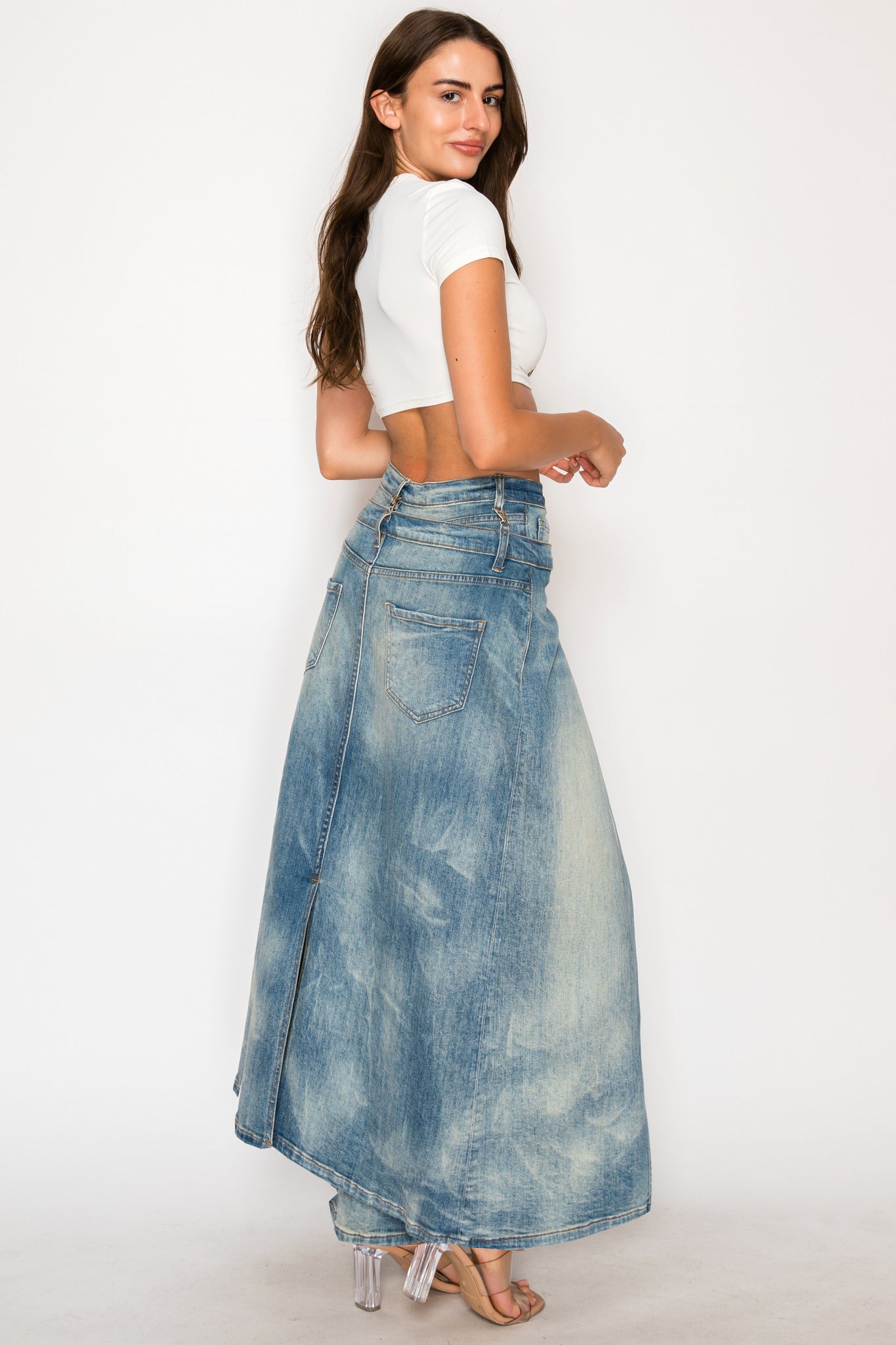 40783 High Rise Straight Leg Vintage Washed Jeans W/ Outer Long Skirt