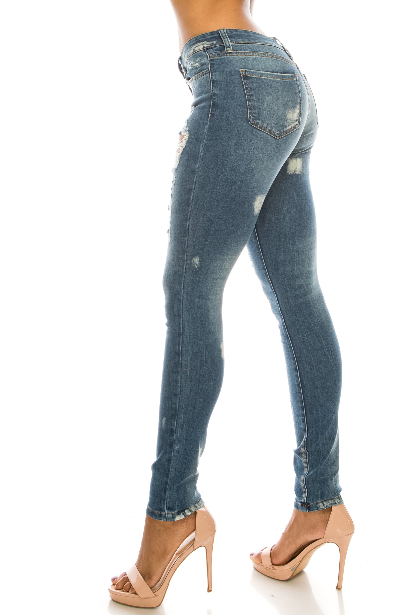 women full length skinny super mid rise mid waisted distressed jeans pants