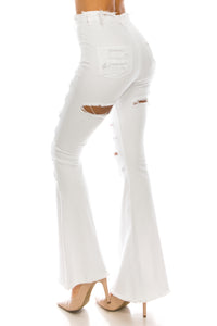 Womens DEFECT STAIN Bootleg Pants White Flare Cut Low Rise Hipster