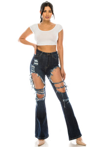 women full length flare bootcut bell bottom super high rise high waisted distressed jeans pants