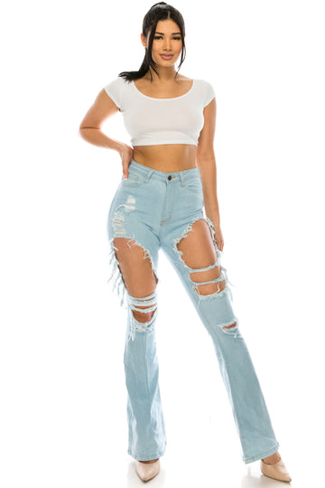 2059 Women's High Waisted Distressed Flared Jeans with Cut Outs