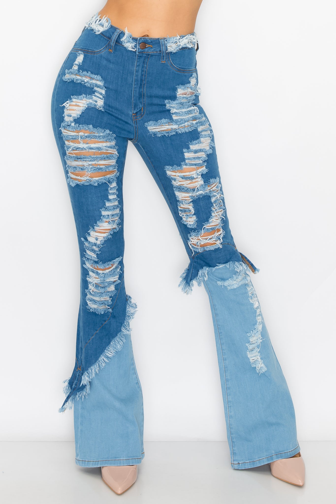 Super High Waisted Color Block Distressed Flare Jeans – Aphrodite Jeans