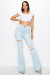 women full length wide leg flare super high rise high waisted distressed jeans pants