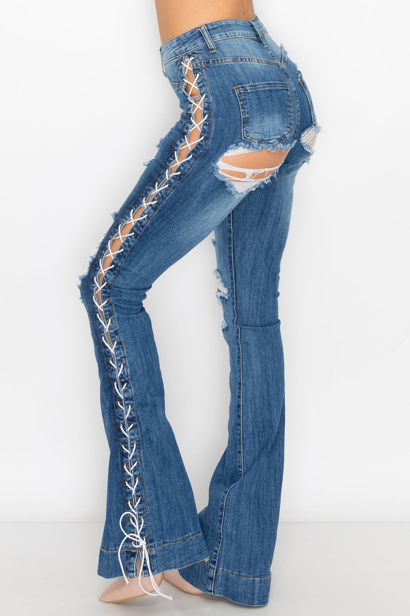 Super High Waisted Distressed Lace Up Flare Jeans with Cut Outs