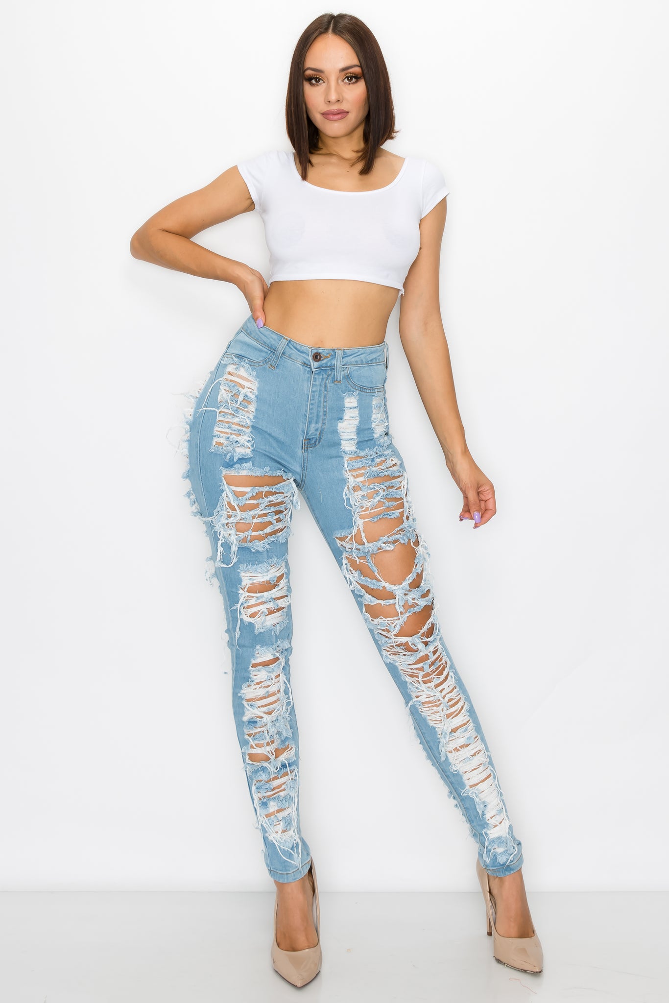 Super High Waisted Distressed Cropped Capri Jeans with Cut Outs – Aphrodite  Jeans