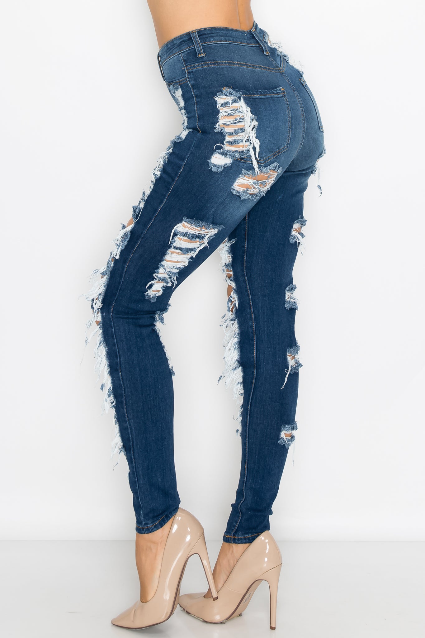 40098 Women's High Waisted Distressed Skinny Jeans with Cut Outs