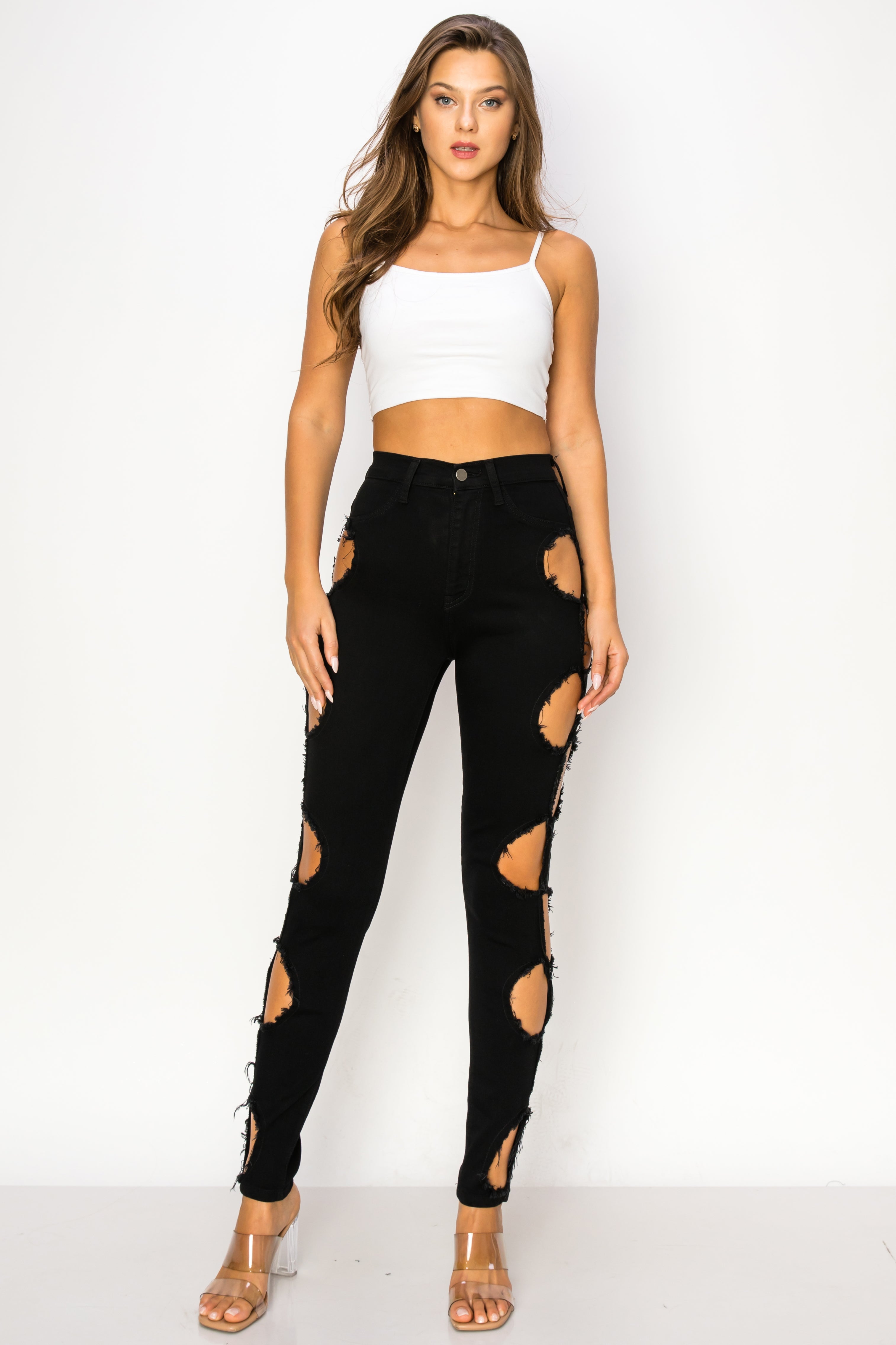 40492 Women's High Waisted Skinny Jeans w/ outseam cut outs