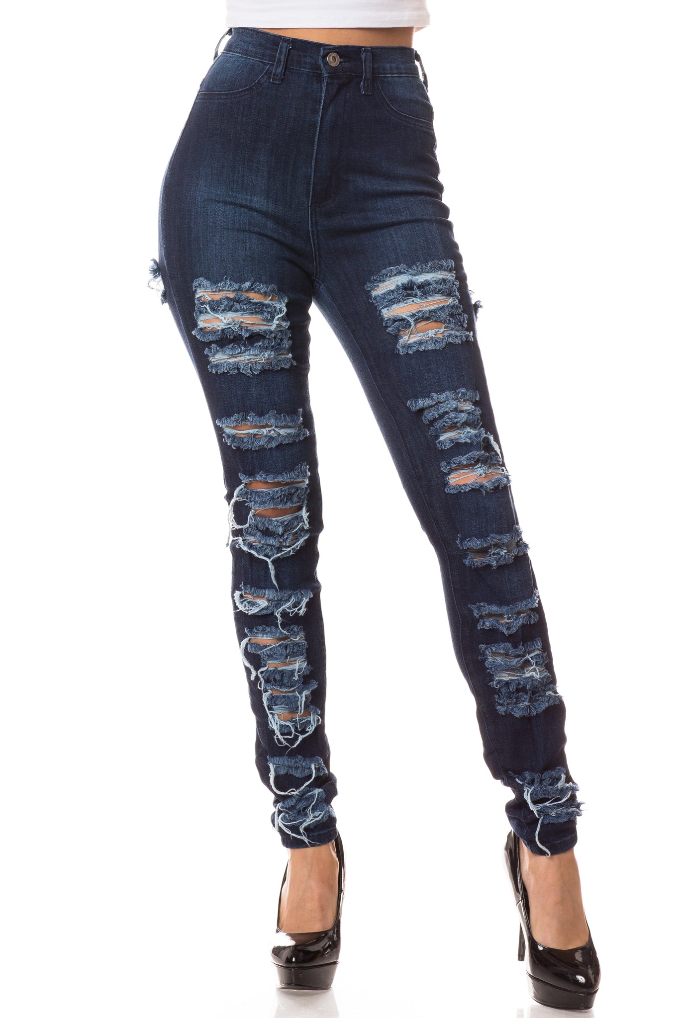 women full length skinny super high rise high waisted distressed jeans pants